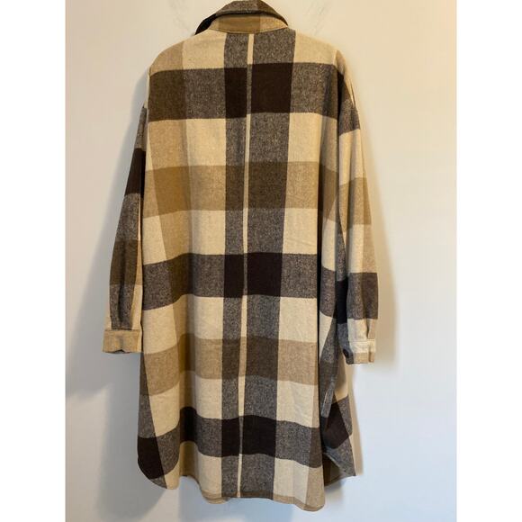 HYFVE Plaid Button Down Longline Coat Shacket Plaid Women's L Brown Tan sz. L - Picture 2 of 6